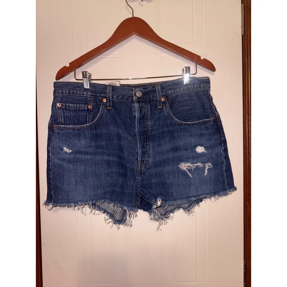 Levis 501 Original High Rise Cutoff Denim Jean Shorts Blue Distressed Size 31